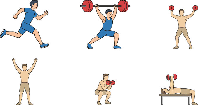 Athlete Fitness Exercise Collection with Running Weightlifting Squats Bench Press and Strength Training Illustrations