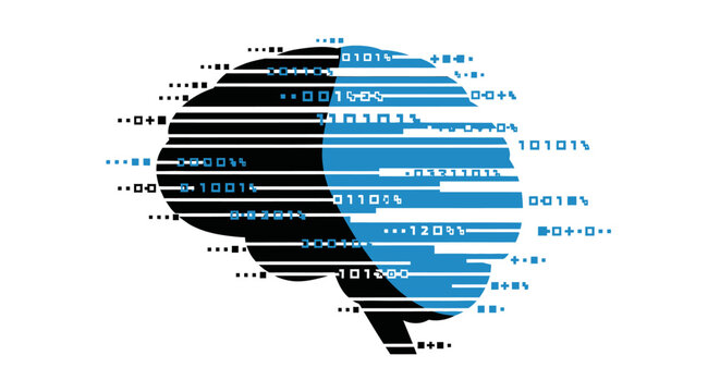 A digital illustration of a human brain composed of binary code and data streams