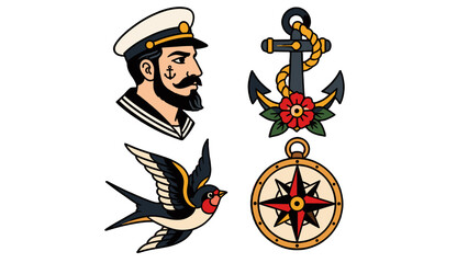 Traditional sailor tattoo flash set with anchor swallow and compass © Andrei