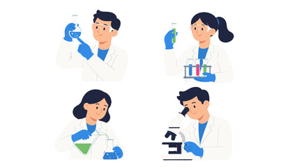 Fototapeta premium Set of scientists conducting laboratory experiments in flat style