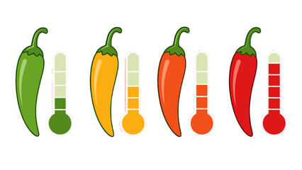 Obraz premium Pepper heat level chart with colorful chili peppers and thermometers