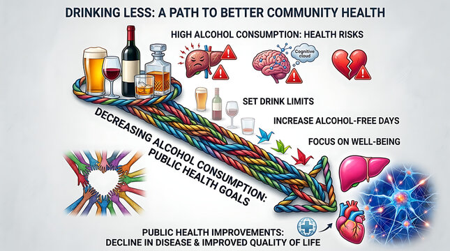 Medical illustration showing reduction in alcohol consumption with a downward arrow symbol representing declining intake of beer and wine for public health wellness and sobriety improvement.
