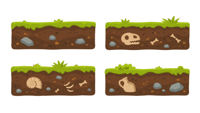 Cartoon underground soil layers with stones bones and artifacts