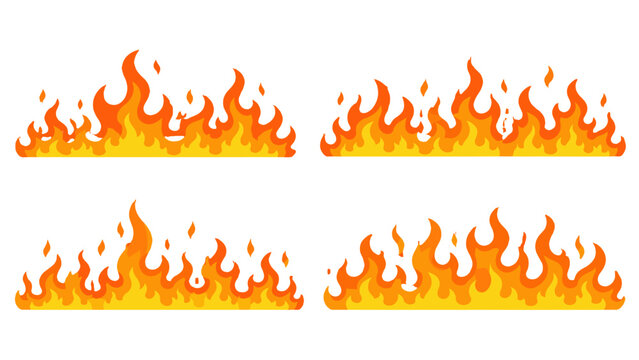 Set of horizontal flame borders in orange and yellow vector style