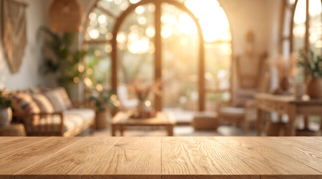 Empty wood table surface mockup in blurred modern home living room background with large glass doors and garden view