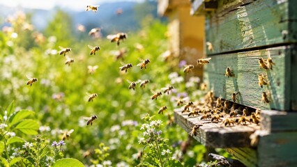 Fototapeta premium Active Honey Bee Colony Flying Around Beehive in Blooming Meadow