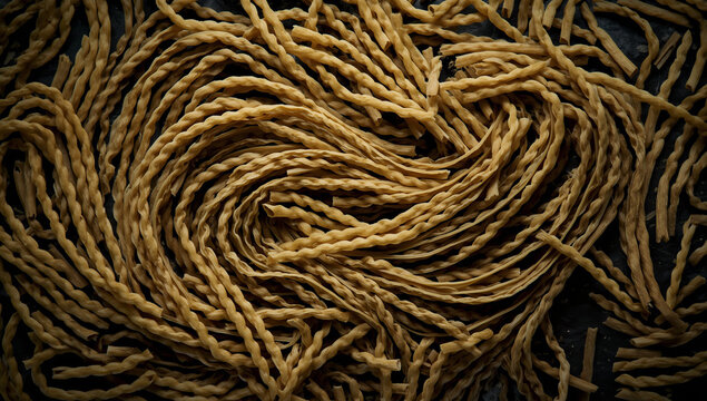 Top down view of artisanal dried twisted pasta spirals on a dark background