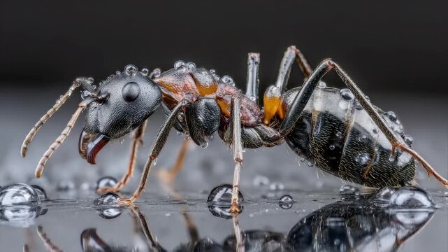 Detailed macro shot of an ant covered in water droplets on a reflective surface