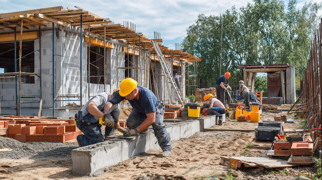 Builders constructing a modern house exterior wall ,fence construction, a man lays a brick and smears it with cement, group of builders installing foundation, a man knocks on a fra