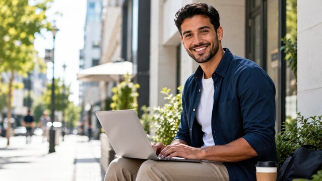Happy Remote Worker Using Laptop While Sitting Outdoors in City