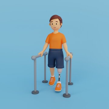 A young man with a prosthetic leg confidently walks between parallel bars during a physical rehabilitation workout. Post-amputation rehabilitation, physical therapy, adaptive mobility, prosthetics.
