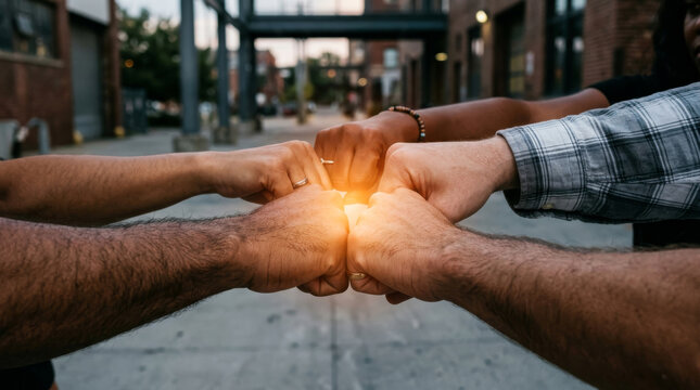 Diverse group fist bump in urban setting, multicultural team unity and cooperation, close up of hands bumping fists with warm sun flare