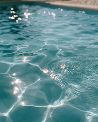 Naklejka premium Clear water ripples gently under sunlight. Sparkling reflections dance across the surface. Cool blue hues invite relaxation and calm. Ideal for wellness, travel, or luxury lifestyle visuals