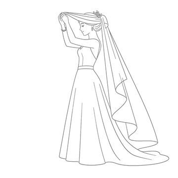 A woman in a wedding dress putting on her veil with line art style