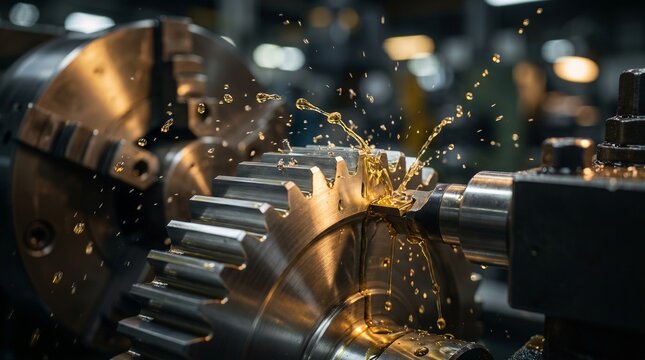 A close-up view of a machine gear being manufactured with sparks flying everywhere in an industrial setting with metal parts.