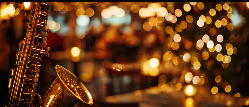 Golden saxophone in foreground of elegant restaurant interior with warm bokeh lights, live jazz music atmosphere, romantic evening and luxury entertainment concept.