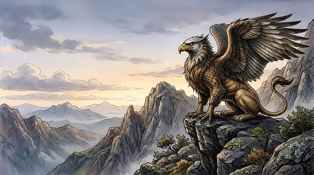 Majestic griffin perched on a rocky cliff above mountain range