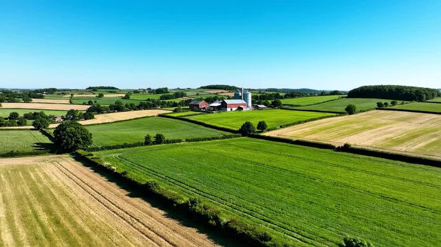 Expansive aerial perspective reveals a sprawling agricultural landscape bathed in sunlight, showcasing patchwork fields, verdant pastures, distant farm buildings, and a clear blue sky overhead