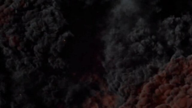 An intense motion graphic loop featuring a bright fiery blast filling the screen, followed by a realistic expansion of thick dark smoke and burning embers transitioning back into darkness.