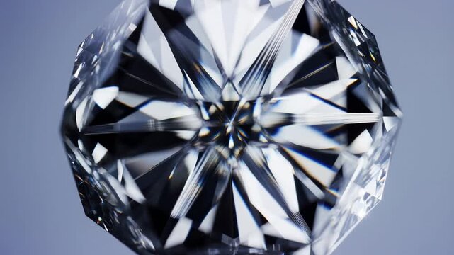 Rotating faceted diamond sparkles in closeup with light reflections