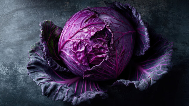 Purple cabbage with fresh leaves on dark stone background, healthy organic vegetables photo