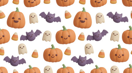 Obraz premium Seamless Halloween Pattern with Cute Kawaii Pumpkins Ghosts and Bats