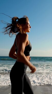 Athletic woman jogging along the beach. Vertical video.