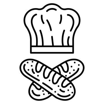 Outline pastry chef icon with chef hat and crossed baguette bread.