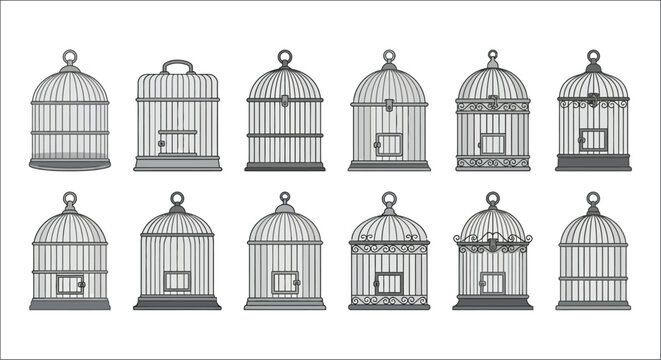 Birdcage Collection Gray Vector Illustration On White Background
