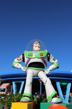 Buzz Lightyear Statue with blue sky background and copy space	
