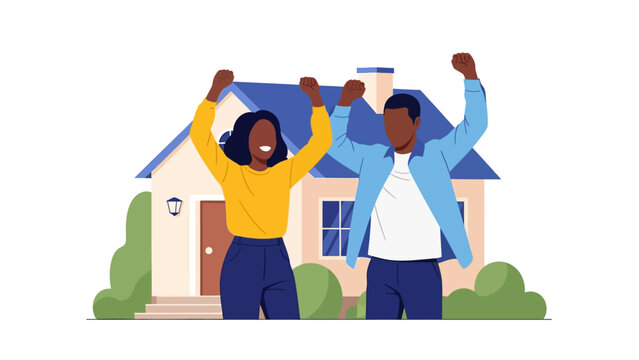 Happy Couple Celebrating New Home Ownership African American man and woman raising fists in front of a modern house illustration ideal for real estate marketing and mortgage loan ads.