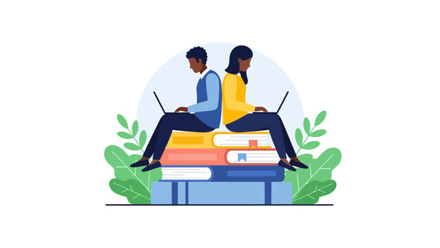 Modern Digital Education Concept featuring a diverse couple sitting on a stack of books while working on laptops, ideal for e-learning platforms and educational blogs.