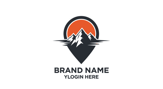 Dynamic outdoor adventure logo design featuring majestic mountain peaks against a vibrant sunset within a distinct location marker shape, symbolizing travel and exploration