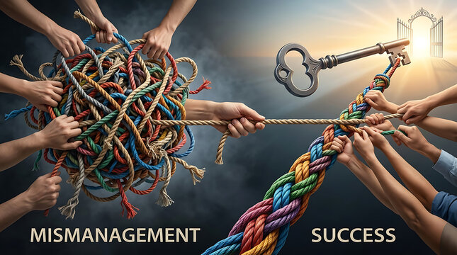 Abstract metaphor of business organization showing transformation from chaotic mismanagement with tangled ropes to structured success with orderly parallel cords for corporate growth.