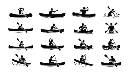 Set of 16 Black Canoe and Kayak Paddling Silhouettes Vector © FahimAbrar