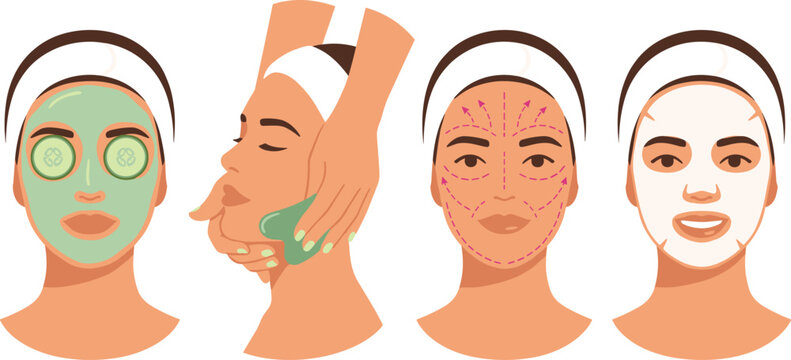 Facial Skincare Treatment Collection Featuring Beauty Masks Exfoliation Face Mapping and Cosmetic Spa Routine Vector Illustration Set