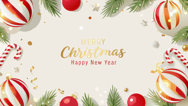 Red and white striped candy canes and ornaments festive vector illustration