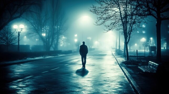 A solitary figure walking down a foggy urban street at night reflecting emotional alienation and loneliness