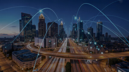 Fototapeta premium Modern city skyline with futuristic light trails at night