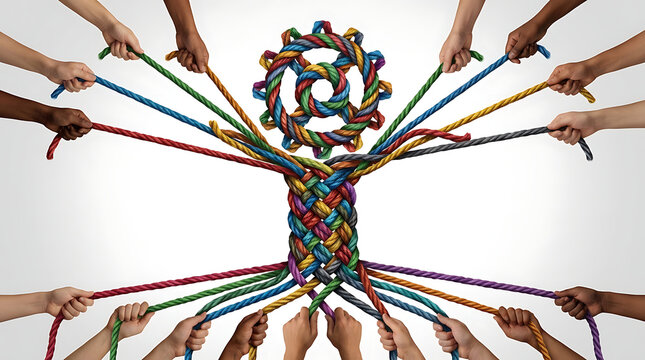 Abstract Business Metaphor of Collective Synergy and Integration Featuring Diverse Intertwined Ropes Symbolizing Unity Strength Partnership Connection and Teamwork Cohesion in Interdependence