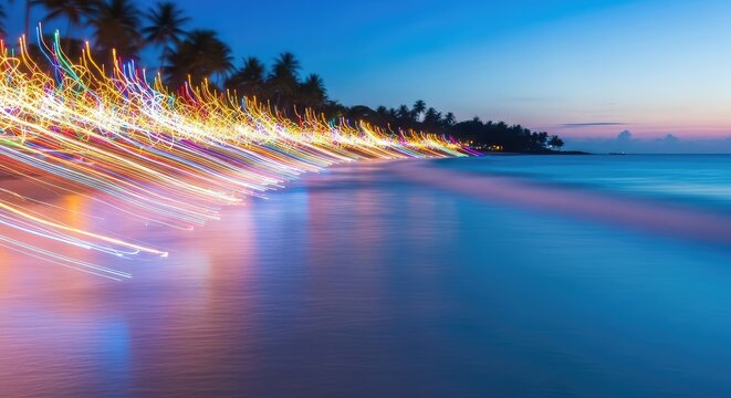 An artistic motion blur captures the vibrant energy of a summer celebration with glowing lights and refreshing water by a tropical coast, colorful, texture, pool