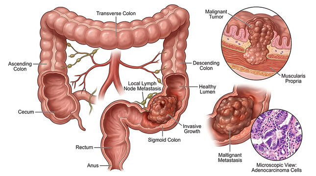 Anatomic Medical Illustration of Colorectal Cancer Showing a Malignant Tumor Growth Within the Human Colon and Large Intestine Digestive System Disease Diagnosis Representation
