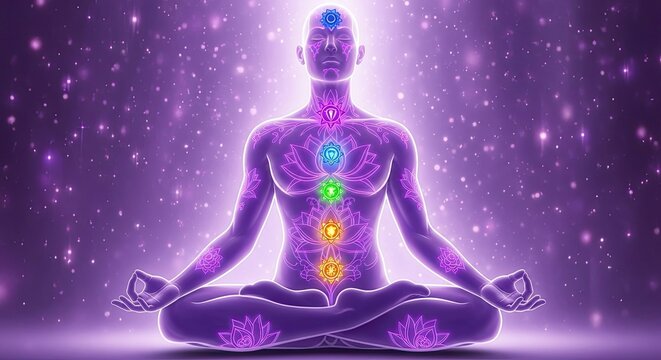 Yoga day man in lotus position with glowing chakras for spiritual enlightenment and inner peace