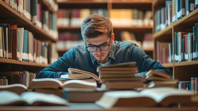 A student at a library desk surrounded by open books highlighting a studious bookworm vibe