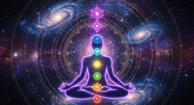 International yoga day meditating silhouette with chakra alignment in cosmic galaxy background