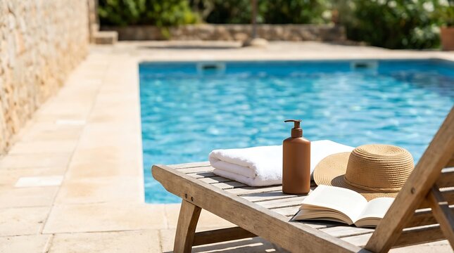 Summer Relaxation with Sunscreen, Straw Hat, Towel, and Book on a Wooden Lounge Chair by the Pool