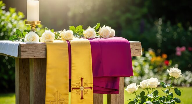 Liturgical vestments and a gold stole are displayed at a rustic wooden altar decorated with white roses in a bright, sunlit outdoor garden, sacred, holy, prayer