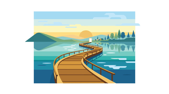 A wooden boardwalk curves gracefully over clear blue water towards a bright glowing portal situated between rolling green hills under a golden sunset horizon.