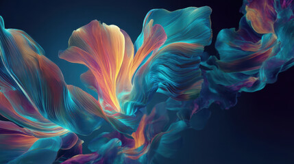 Obraz premium Abstract neon flower petals with glowing blue and yellow lights on dark background, futuristic botanical 3D art