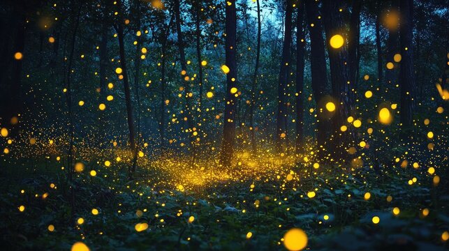A swarm of fireflies glowing softly against a twilight forest scene creating a magical atmosphere